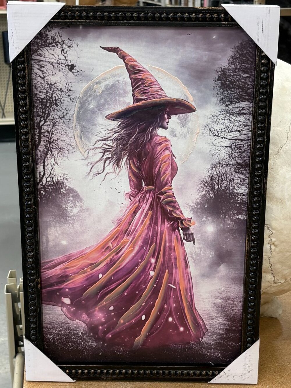 Halloween Black Framed Canvas Midnight Moonlit Pink Witch Wall Art 14" x22 New